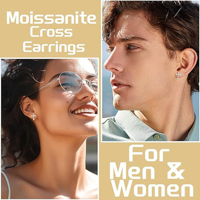 Boucles d'oreilles croix en or blanc 10K et moissanite-3