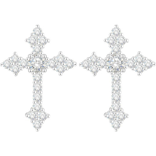 Aretes de Tachuelas de Cruz con Moissanita y Oro Blanco 10K