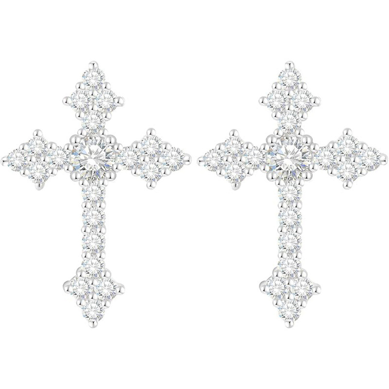 Boucles d'oreilles croix en or blanc 10K et moissanite-1