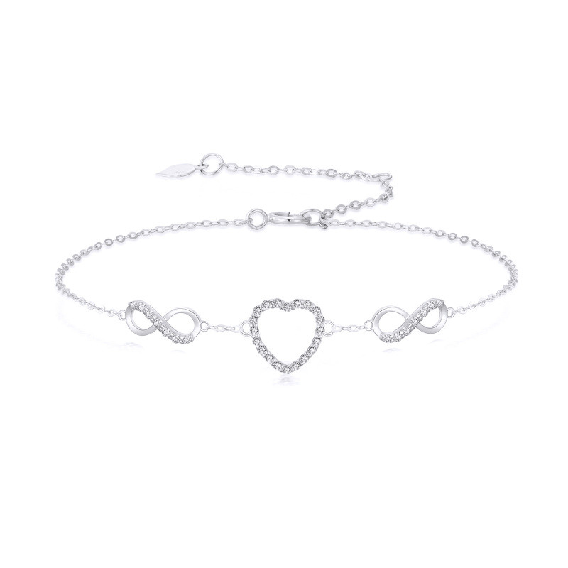 10K White Gold Moissanite Heart & Infinity Symbol Single Layer Charm Anklet-1