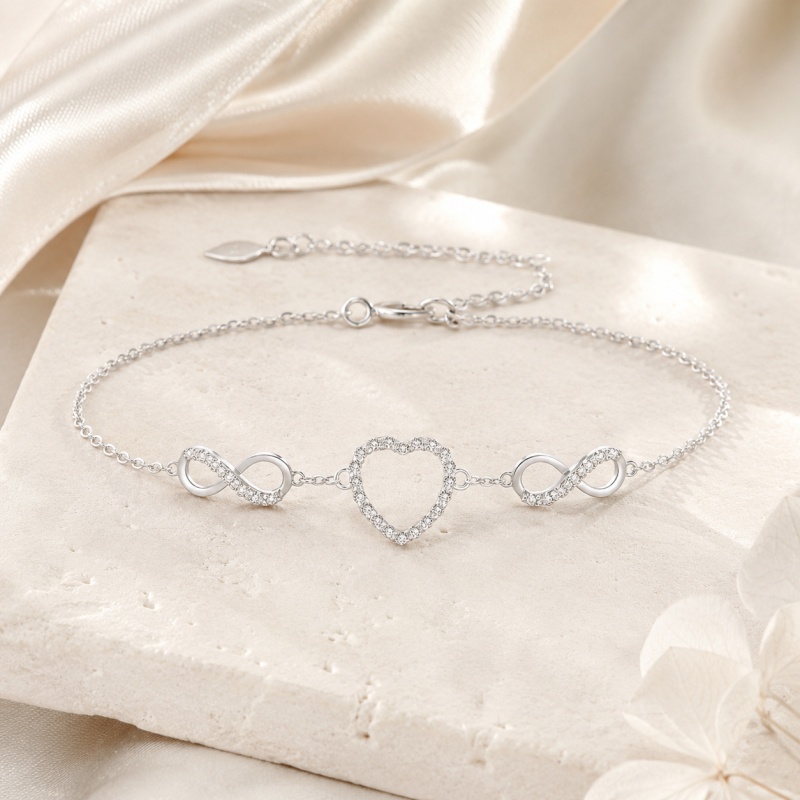 10K White Gold Moissanite Heart & Infinity Symbol Single Layer Charm Anklet-4