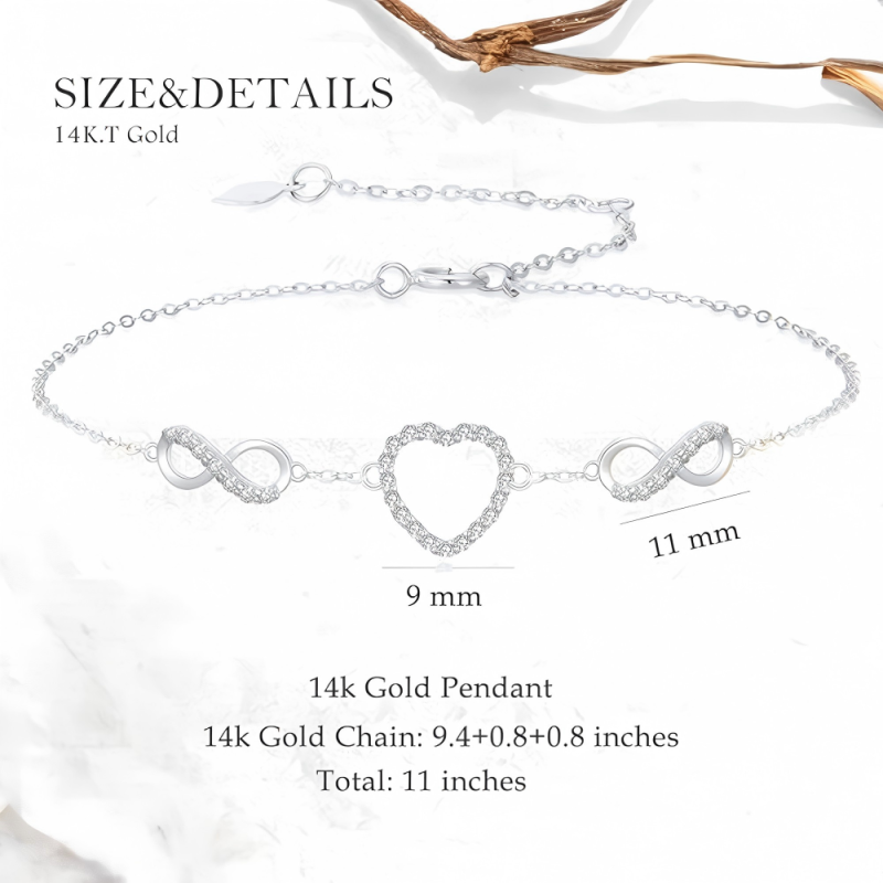10K White Gold Moissanite Heart & Infinity Symbol Single Layer Charm Anklet-5