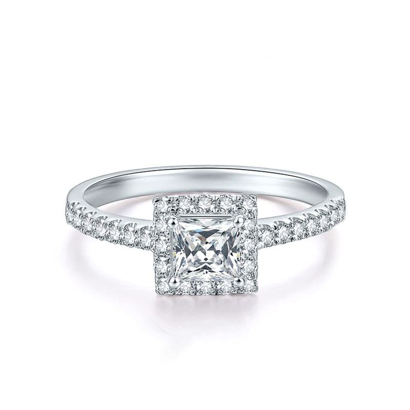 Bague de fiançailles en or blanc 10 carats avec halo de moissanite taille princesse-13