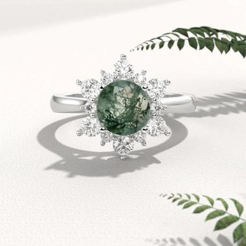 Anillo de compromiso de ágata musgosa en oro blanco de 10 quilates-3
