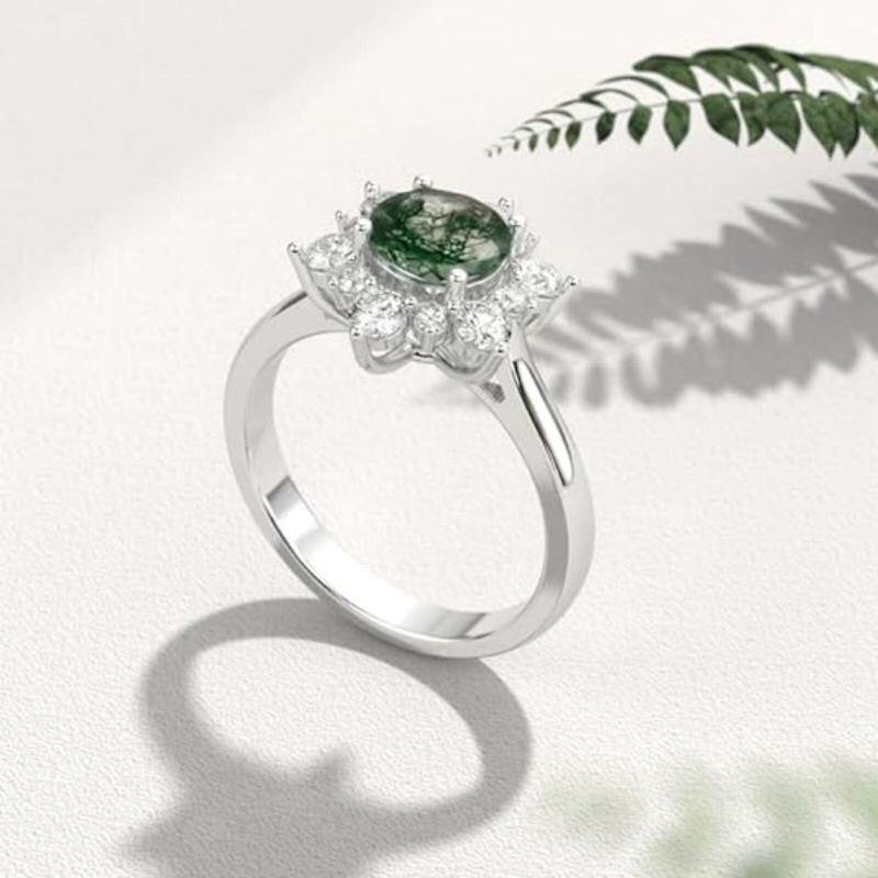 Anillo de compromiso de ágata musgosa en oro blanco de 10 quilates-4