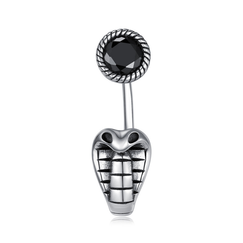 Piercing de ombligo de serpiente de obsidiana en oro blanco de 18 quilates-1