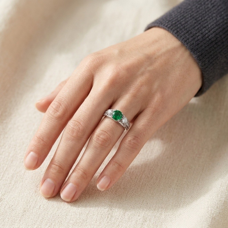 10K White Gold Oval Cut Artificial Emerald & Moissanite Engagement Ring-2