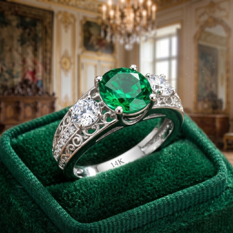 10K White Gold Oval Cut Artificial Emerald & Moissanite Engagement Ring-3