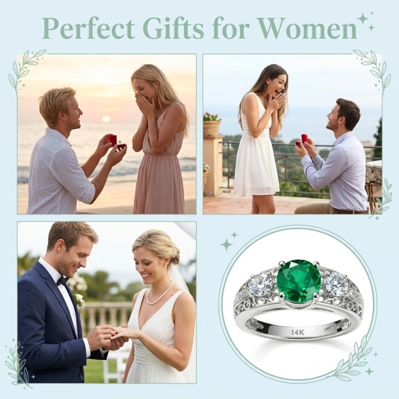 10K White Gold Oval Cut Artificial Emerald & Moissanite Engagement Ring-4
