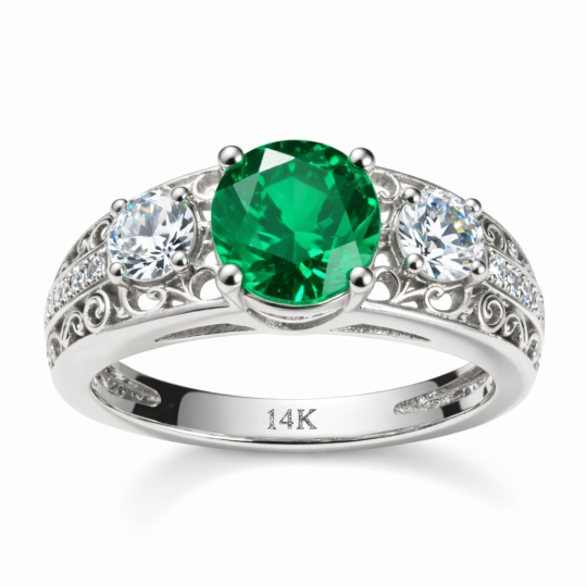 Anillo de compromiso de oro blanco 10K con esmeralda artificial y moissanita de corte ovalado