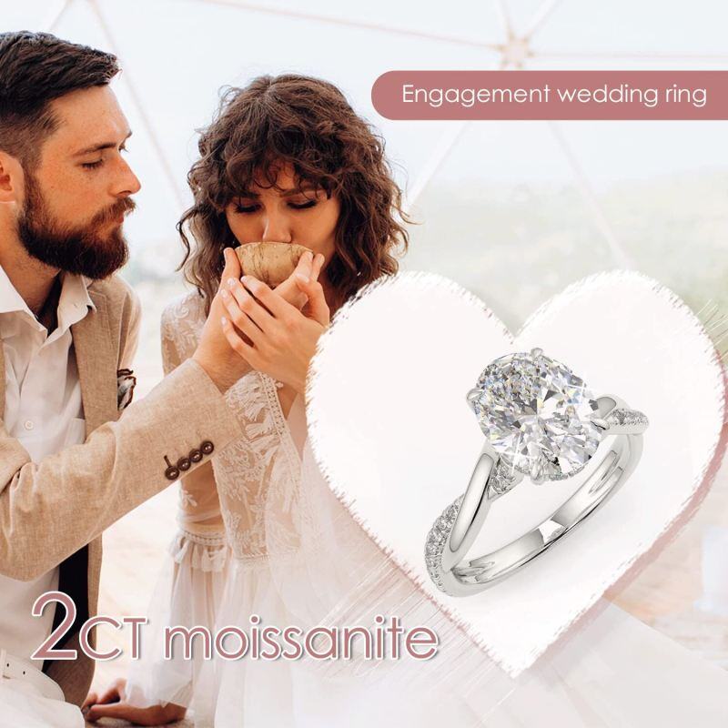 Anillo de compromiso de oro blanco de 10 quilates con moissanita ovalada de 2 quilates-5
