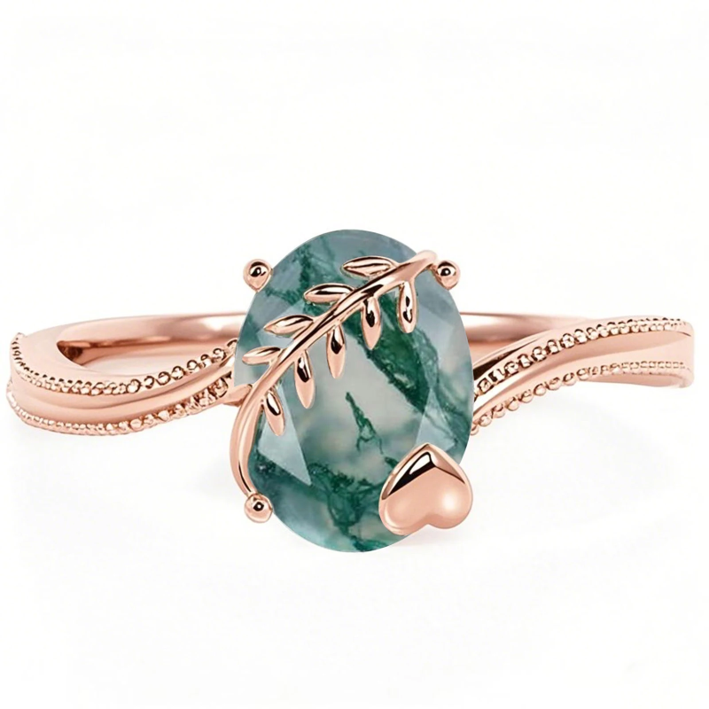 Bague de fiançailles solitaire en or rose 18 carats et agate mousse taille ovale-1