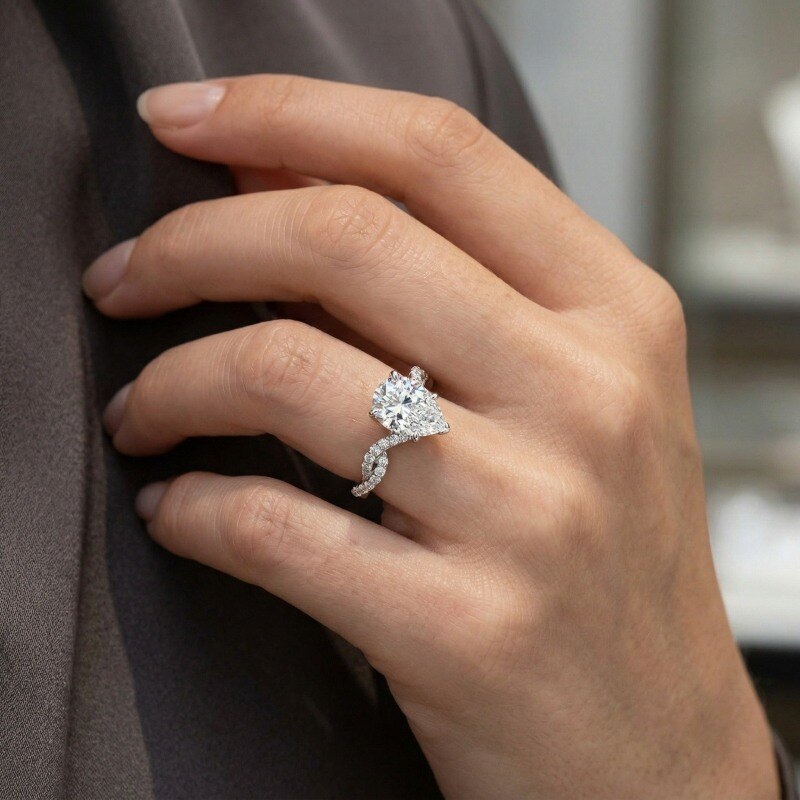 10K White Gold Pear Cut Lab Created Diamond Custom Engagement Ring D Color VVS1-VS1 Clarity 3EX IGI Certified-2