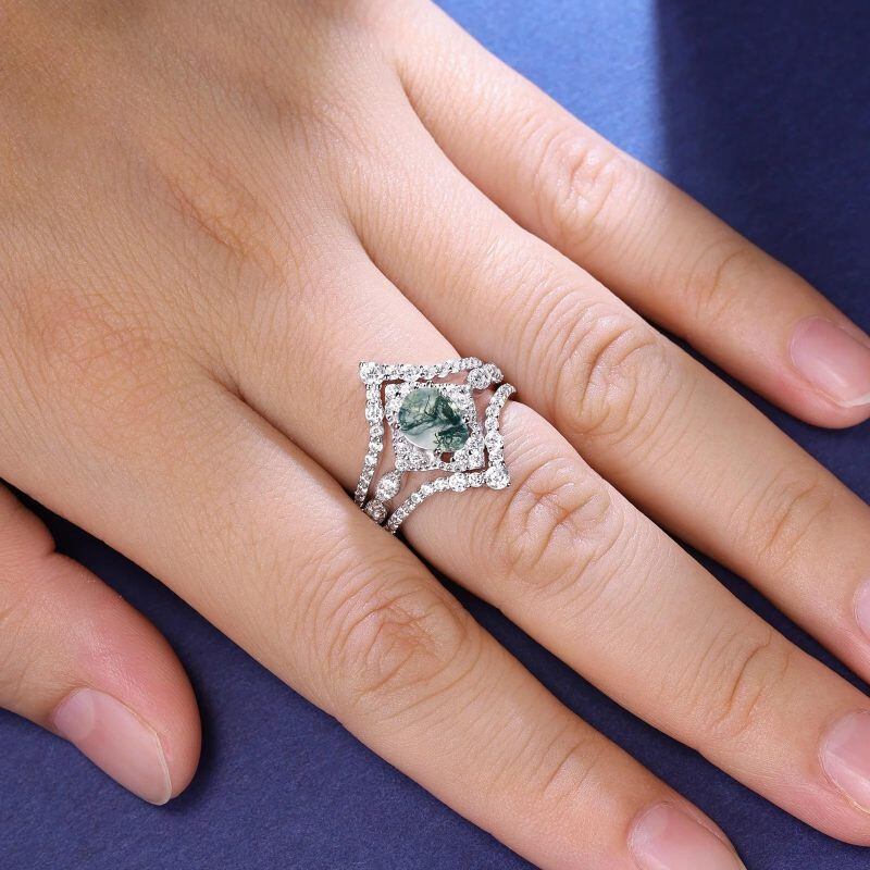18K White Gold Pear Cut Moissanite & Moss Agate Bridal Set-2