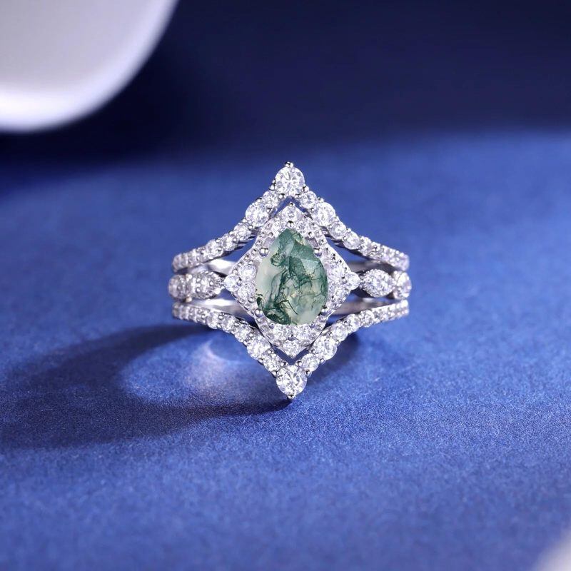 18K White Gold Pear Cut Moissanite & Moss Agate Bridal Set-3