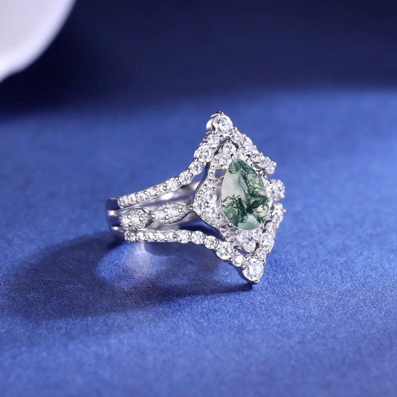 18K White Gold Pear Cut Moissanite & Moss Agate Bridal Set-4