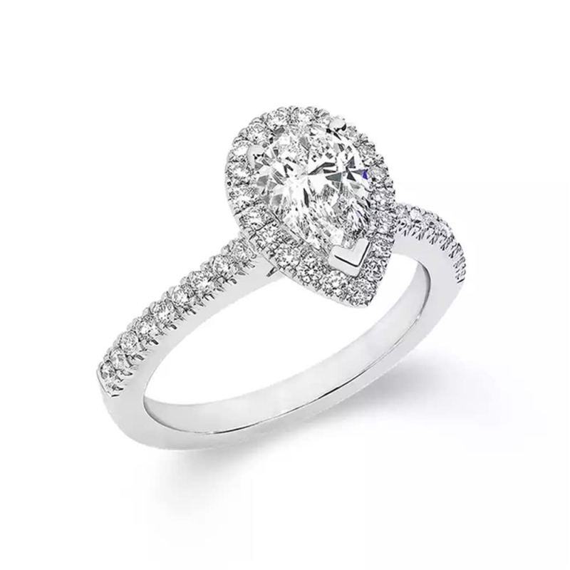 Anillo de compromiso con moissanita en forma de pera de oro blanco de 10 quilates con grabado personalizado-1