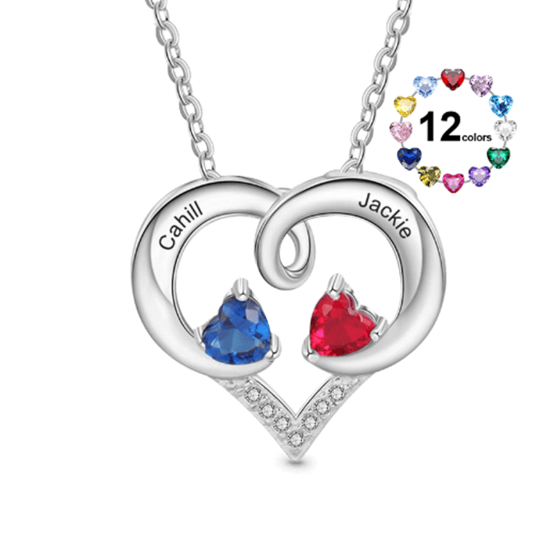 Collar con colgante de corazón con nombre y piedra natal personalizado en oro blanco de 14 quilates-1