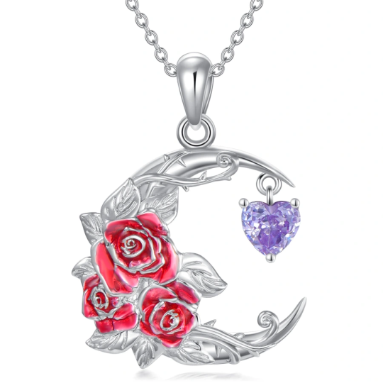 Collana in argento sterling personalizzata con pietra portafortuna, rosa e cuore, luna, per donna