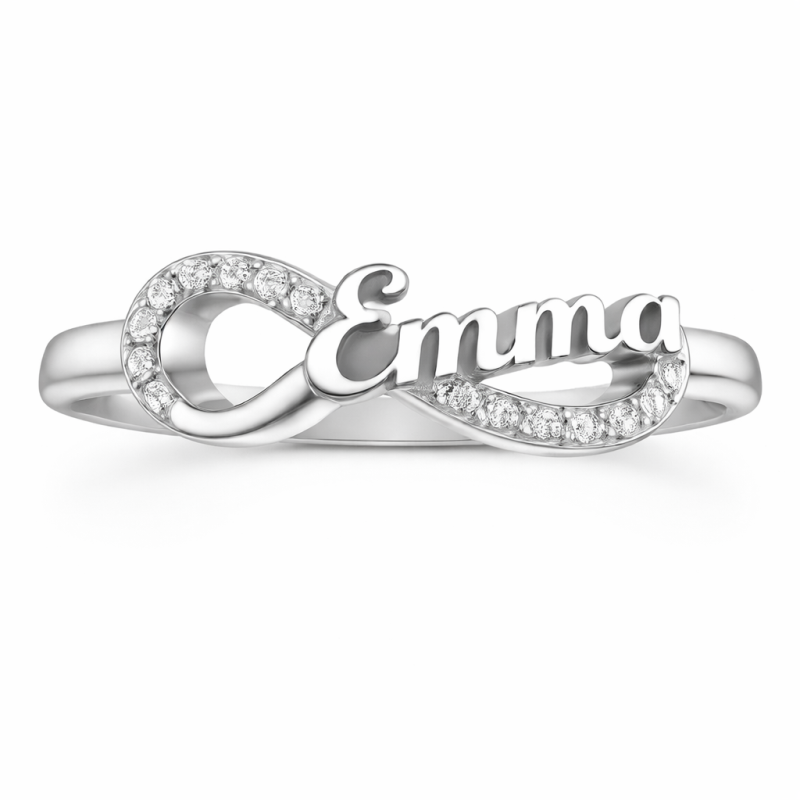 Anillo personalizado clásico con nombre y símbolo del infinito en oro blanco de 14 quilates-19