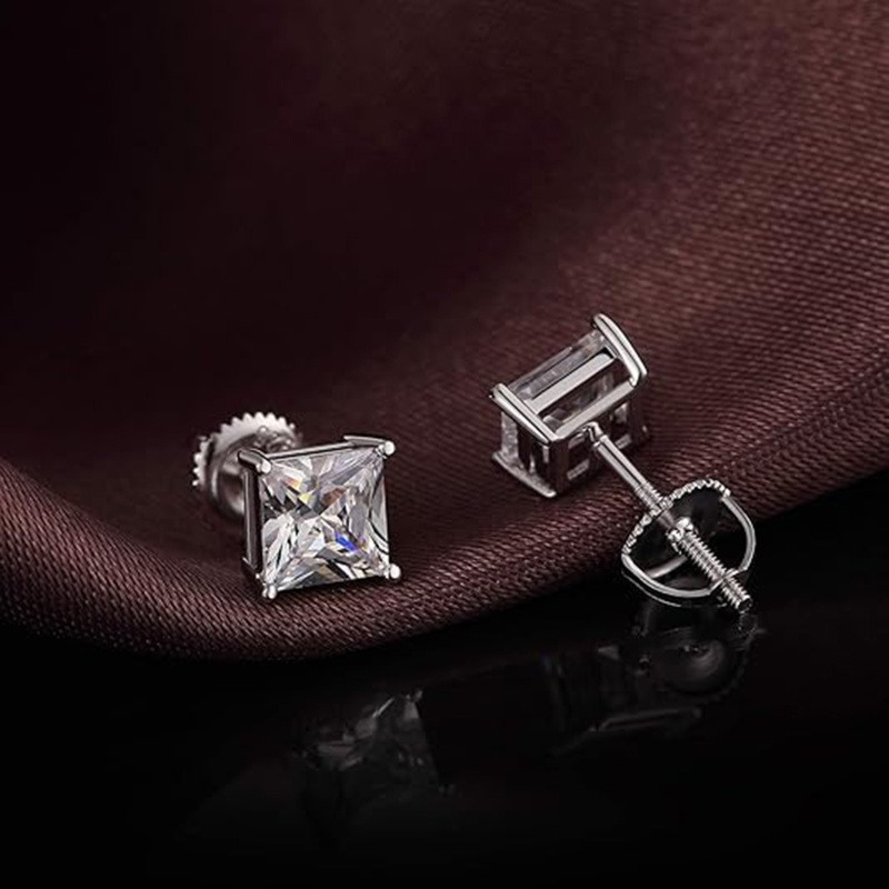 Boucles d'oreilles à clous en moissanite taille princesse en or blanc 10K-3