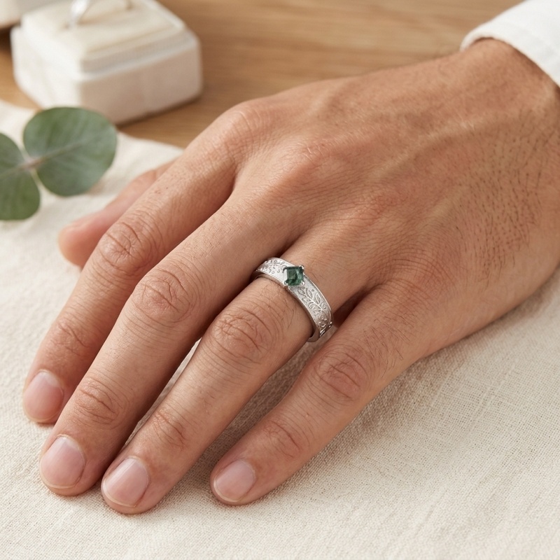 18K White Gold Princess Cut Moss Agate Men's Band for Men-2