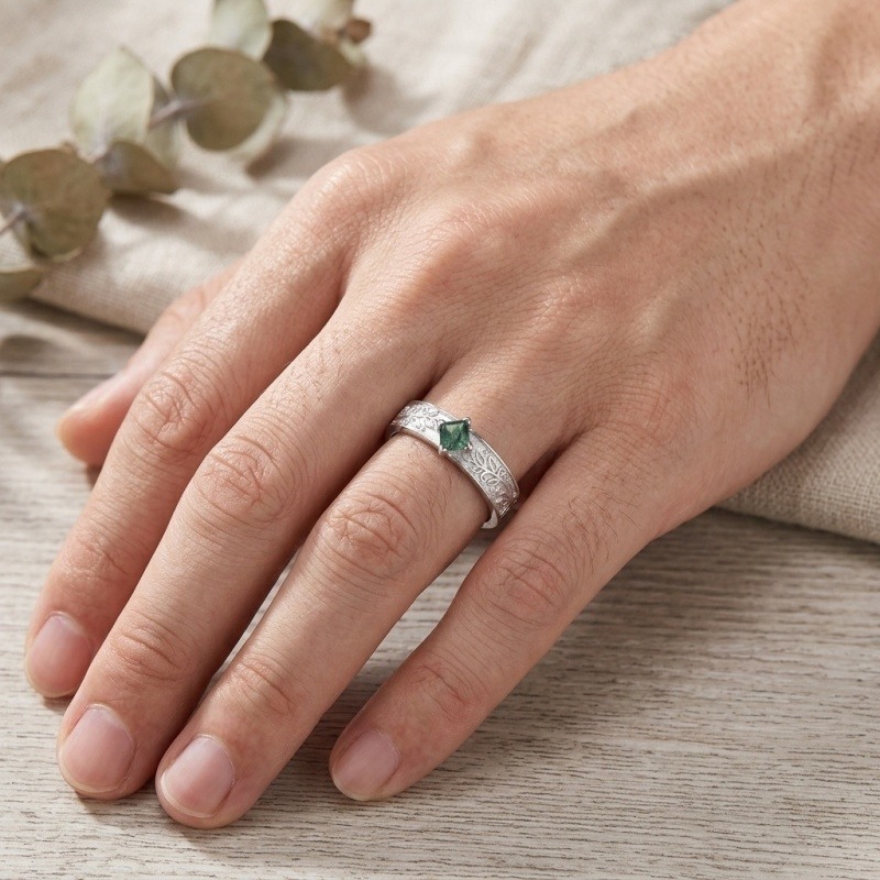 18K White Gold Princess Cut Moss Agate Men's Band for Men-3