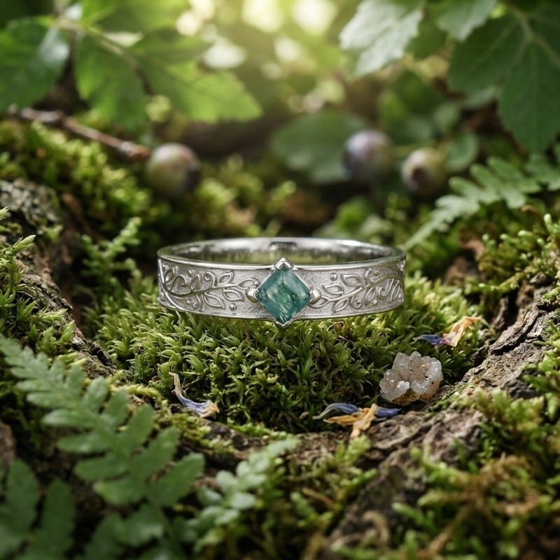 18K White Gold Princess Cut Moss Agate Men's Band for Men-5