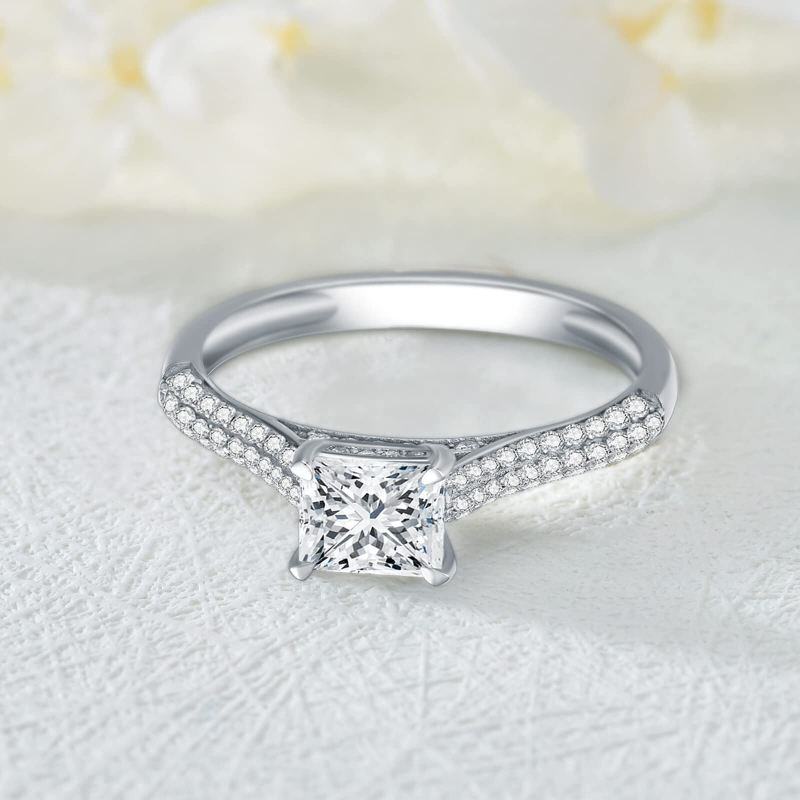 10K White Gold 1 CT Princess Cut Moissanite Sidestone Engagement Ring-2