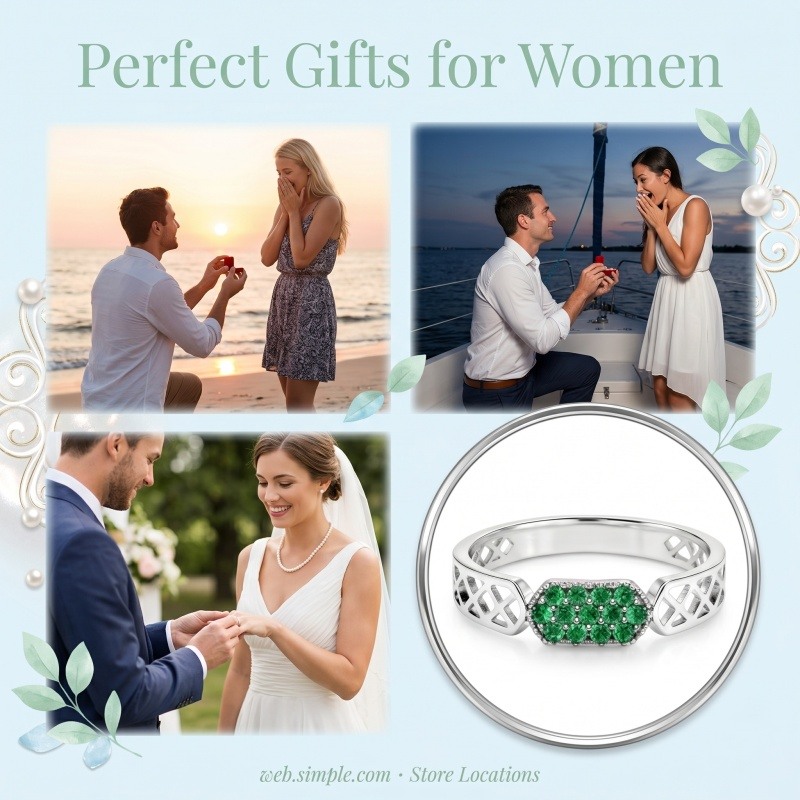 14K White Gold Round Cut Artificial Emerald Ring-4