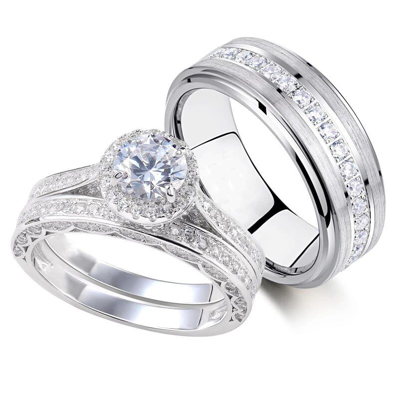 Anillos de pareja de oro blanco de 10 quilates con moissanita de talla redonda-1