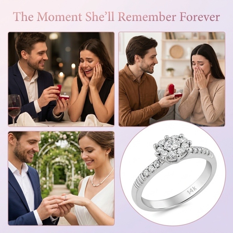 14K White Gold Round Cut Moissanite Engagement Ring-4