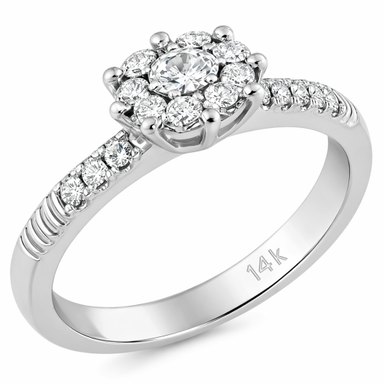 Anillo de compromiso de moissanita de corte redondo en oro blanco de 14 quilates