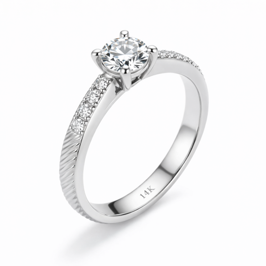 Anillo de compromiso de moissanita con corte redondo en oro blanco de 14 quilates
