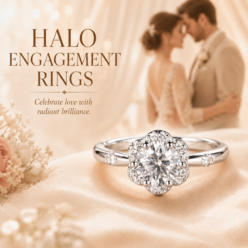 10K White Gold Round Cut Moissanite Halo Engagement Ring-6