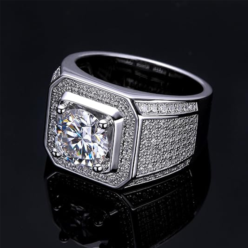Anillo para hombre de oro blanco de 14 quilates con moissanita de corte redondo-3