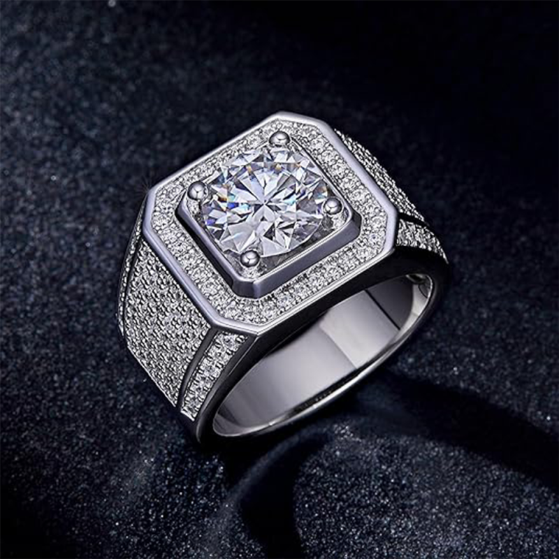 Anillo para hombre de oro blanco de 14 quilates con moissanita de corte redondo-4