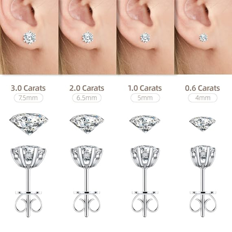 Boucles d'oreilles à clous en moissanite taillée ronde en or blanc 10K-2