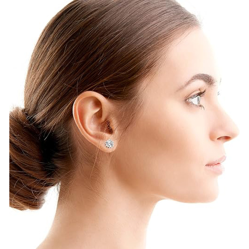 Boucles d'oreilles à clous en moissanite taillée ronde en or blanc 10K-3