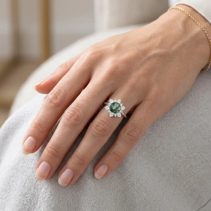 14K White Gold Round Cut Moss Agate Halo Engagement Ring-2