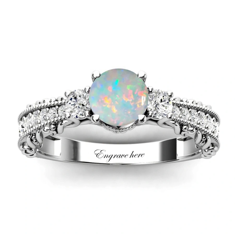 Bague de fiançailles personnalisée en or blanc 14 carats avec opale taille ronde-1