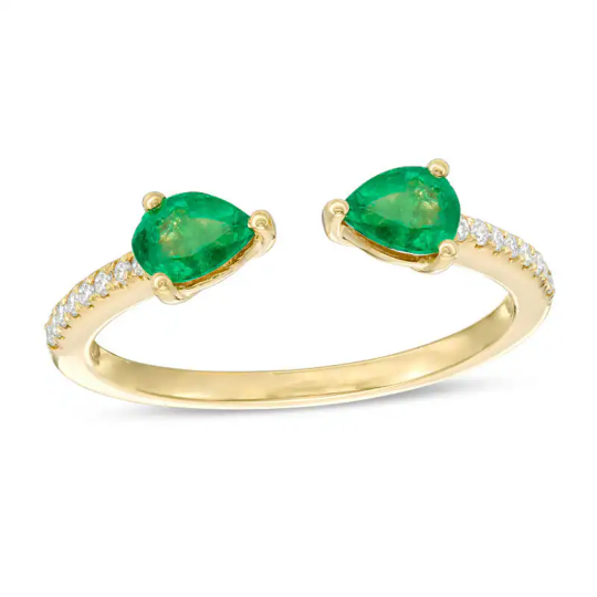 10K White Gold Round Cut & Pear Cut Diamond & Emerald Custom Open Ring I Color I2 Clarity 3EX