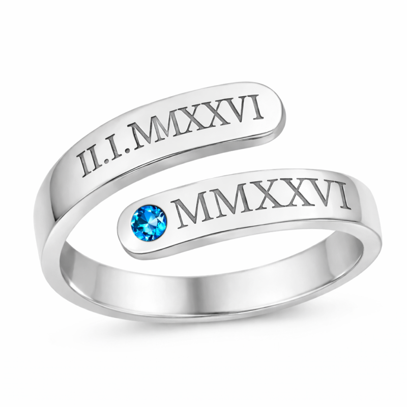 10K White Gold Round Cut Personalized Engraving & Roman Numerals Open Ring-15