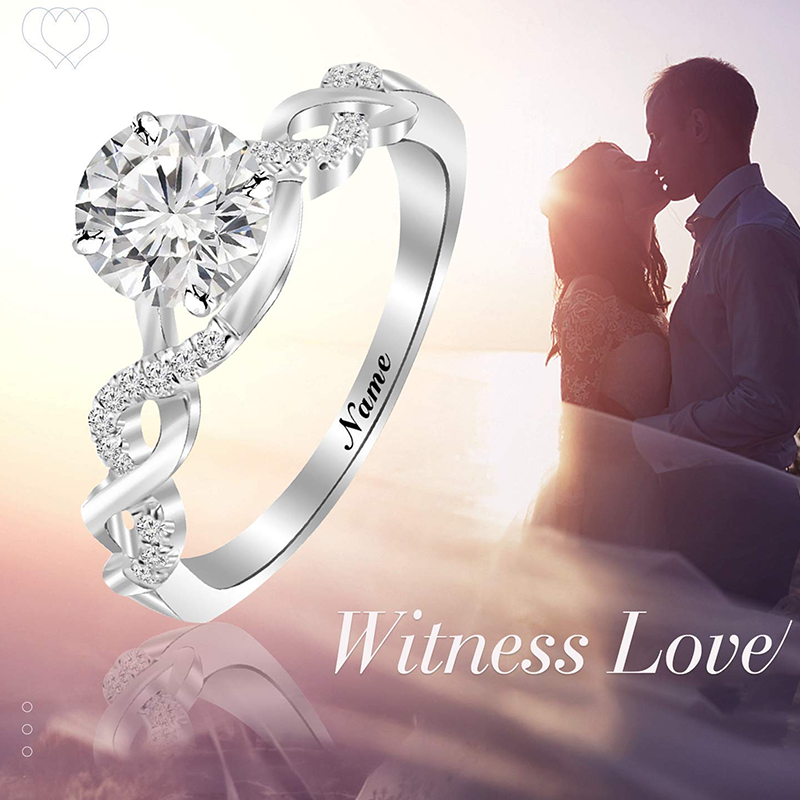 Bague de mariage classique personnalisée avec nom en or blanc 10 carats et moissanite ronde-2