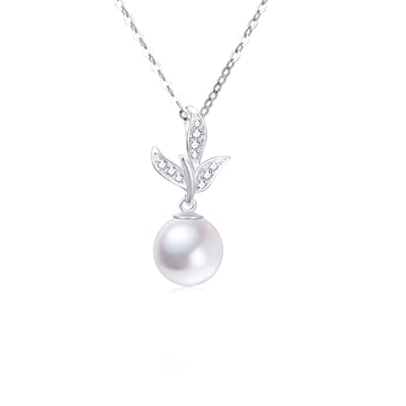 Collar de oro blanco de 18 quilates con perlas redondas y hojas para mujer-1