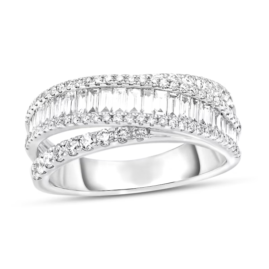 10K White Gold Round Shaped & Baguette Diamond Custom Couple Stackable Ring I Color I2 Clarity 3EX IGI Certified