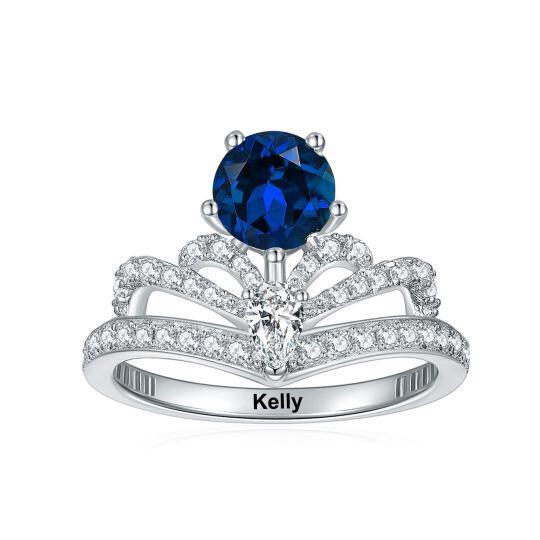 10K White Gold Round Shaped Cubic Zirconia Personalized Birthstone & Couple Ring