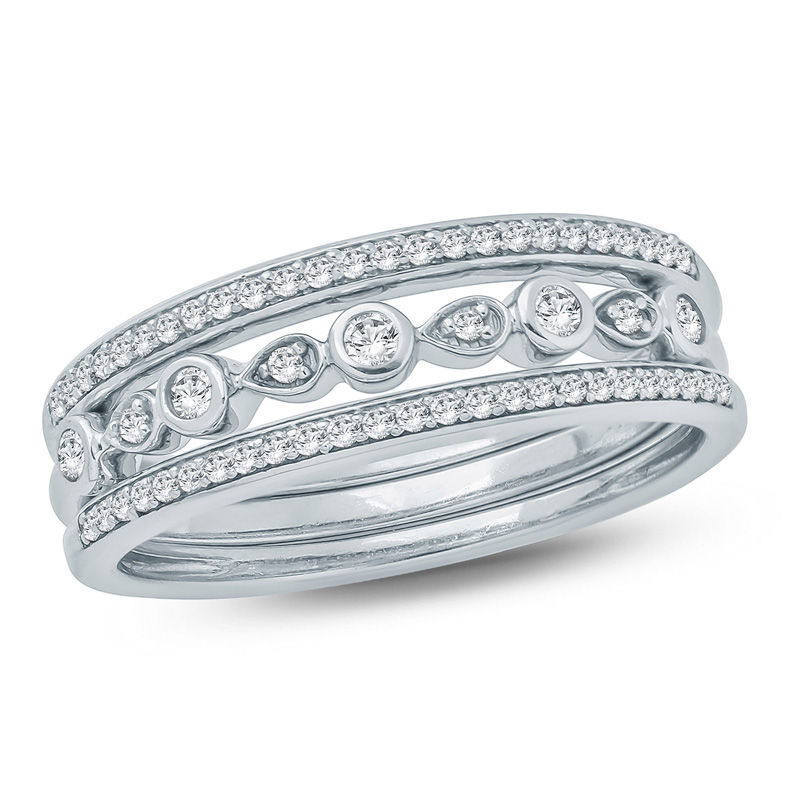 Anillo apilable personalizado para parejas en oro blanco de 14 quilates con diamante redondo, color J, claridad I2, certificado 3EX por IGI.-1