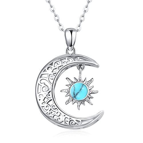 Collier pendentif lune et soleil en or blanc 10 carats et turquoise-1