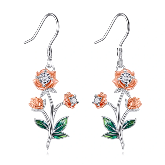 Pendientes colgantes de oro blanco de 10 quilates con circonitas cúbicas de dos tonos y forma de rosa para mujer